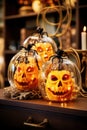 pumpkins under glass dome black spiders stylish halloween interior decoration, Generative AI