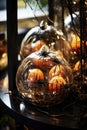 pumpkins under glass dome black spiders stylish halloween interior decoration, Generative AI