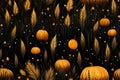 pumpkins and wheat in a field at night