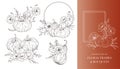 Pumpkins with Wildflowers Line Art Illustration, Outline Pumpkin arrangement Hand Drawn Illustration. Royalty Free Stock Photo