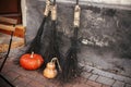 Pumpkins and witch brooms in city street, holiday decoration of store fronts and buildings. Halloween street decor. Space for text Royalty Free Stock Photo