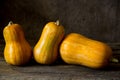 Pumpkins on the wooden background. Three baby pumpkins