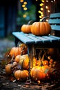 pumpkins on a wooden bench, celebration of rural life, colourful