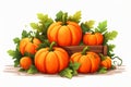 pumpkins in a wooden crate with leaves on a white background