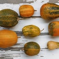 Pumpkins on the wooden table. Autumn. Thanksgiving background. Royalty Free Stock Photo