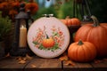 Pumpkinthemed embroidery hoop art showcasing a