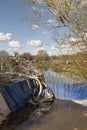 Pumps and pipework on the River Avon in Salisbury UK. Scheme to reduce flood risk.