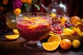 punch bowl filled with fruity sangria beside oranges Royalty Free Stock Photo