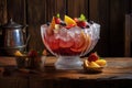 punch bowl with ice and fruit on rustic wooden table Royalty Free Stock Photo
