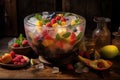 punch bowl with ice and fruit on rustic wooden table Royalty Free Stock Photo