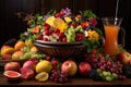 punch bowl surrounded by fresh fruit and flowers