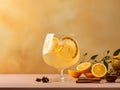 Punch drink. Alcoholic cocktail with rum ice and lemon slices on pastel light surface. White wine sangria. Fresh autumn beverage