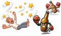 Punch drunk man swoon stars chased angry fierce beer bottles boxing gloves Royalty Free Stock Photo