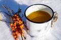 Punch with sea buckthorn berries in an iron white mug in the snow. Sea buckthorn twigs with tea