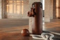 Punching bag with gloves brown leather in gym. Vintage sports equipment Royalty Free Stock Photo