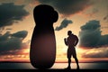 punching bag, with the silhouette of a boxer in the background, against sunset sky