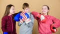 Punching knockout. Childhood activity. Sport success. Team fight. workout of small girls and boy boxer in sportswear Royalty Free Stock Photo