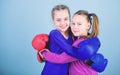Punching knockout. Childhood activity. workout of small girls boxer in sportswear. Sport success. Friendship. Fitness Royalty Free Stock Photo
