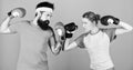 Punching, sport Success. training with coach. knockout and energy. couple training in boxing gloves. sportswear. Fight Royalty Free Stock Photo