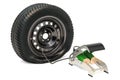 Puncture car wheel with high pressure air foot pump, 3D rendering