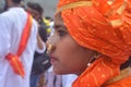 Closeup of a girl wearing a nath / nose ring with her traditional ethnic clothes. Ganpati