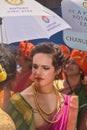 Pune, India - September 4, 2017: A Member of Rotary club wearing traditional hindu saree during Ganpati visarjan festival in pune.