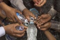 PUNE, MAHARASHTRA, INDIA, June 2016, Pilgrims or warkari filli up the water bottles, Pandharpur Palkhi Royalty Free Stock Photo