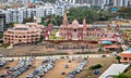 Aerial view of cars parked and side of Shree Swaminarayan temple