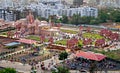 Aerial view of Shree Swaminarayan temple complex with large crwo
