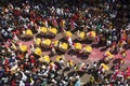 PUNE, MAHARASHTRA, September 2018, People observe Dhol tasha pathak performance during Ganpati Festival, aerial view