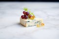 pungent blue cheese wedge on marble with grapes