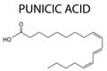 Punicic acid or trichosanic acid molecule. Fatty acid present in pomegranate, Punica granatum. Skeletal formula.