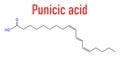 Punicic acid ,trichosanic acid, molecule. Fatty acid present in pomegranate, Punica granatum. Skeletal formula.