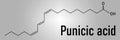 Punicic acid ,trichosanic acid, molecule. Fatty acid present in pomegranate, Punica granatum. Skeletal formula.