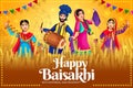 Baisakhi festival background banner. Group of people doing Bhangra dance. Occasion of festivals like Lohri and Baisakhi.