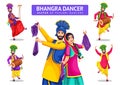 Vector illustration group of colorful Punjabi dancers with drummer. Isolated Bhangra dancer characters combo on white background.