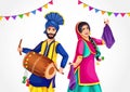 Happy Baisakhi festival, Punjabi Sikh harvest festival. A Giddha and Bhangra Dancer with dhol representing folk dance