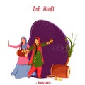 Punjabi Lettering Of Happy Lohri With Faceless Women Playing Dhol, Sapp Instrument, Sugarcane, Chikki Plate on Violet and White