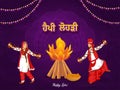 Punjabi Young Couple Performing Bhangra With Sapp Instrument, Bonfire And Indian Sweet Laddu Bowl On Purple Paisley Mandala