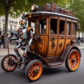 punk luxury carriage driven by robot butler pulled by fake horse from dystopian future scene