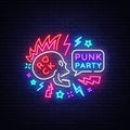 Punk Party Neon Sign Vector. Rock music logo, night neon signboard, design element invitation to Rock party, concert