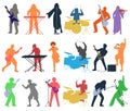 Punk or rock band people silhouette playing different musical instrument Royalty Free Stock Photo