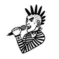 Punk rock collection. Portrait of a punk rocker guy singer with mohawk and microphone on white background. Vector