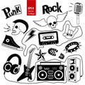 Punk rock music vector set on white background. Design elements, emblems, badges, logo and icons, collage. Royalty Free Stock Photo