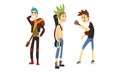 Punk Rock Musicians Characters Set, Musical Band Members Playing Guitar and Singing Cartoon Style Vector Illustration