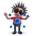 Punk rocker cartoon character in 3d mesmerised by an atom and its nucleus and electrons Royalty Free Stock Photo