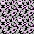 Punk seamless pattern with grunge bold painted funky skulls.