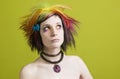 Punk woman with bright makeup and bare shoulders