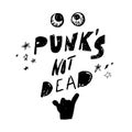 Punks not dead. Hand drawn lettering with rock gesture, stars and bloody eyeballs. Royalty Free Stock Photo