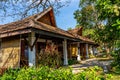 Punnamada Resort, Alappuzha, Kerala, India - 19.01.2023: Beautiful tropical hotel with plants garden. Wooden roof